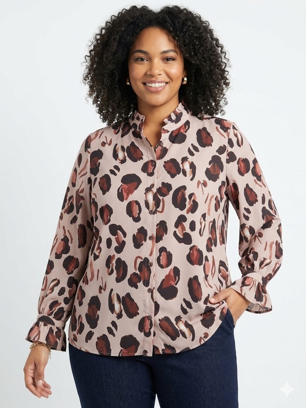 Size 16 Eloquii Pink Leopard Print Ruffle Collar Button-Down Blouse Plus Size